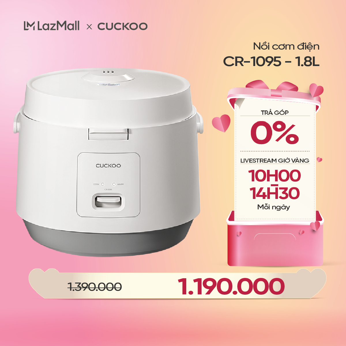 Nồi cơm điện Cuckoo 1.8L CR-1095 màu trắng- Công nghệ nhiệt 3D - bản quốc tế tiếng Anh - Hàng chính hãng Cuckoo Việt Nam
