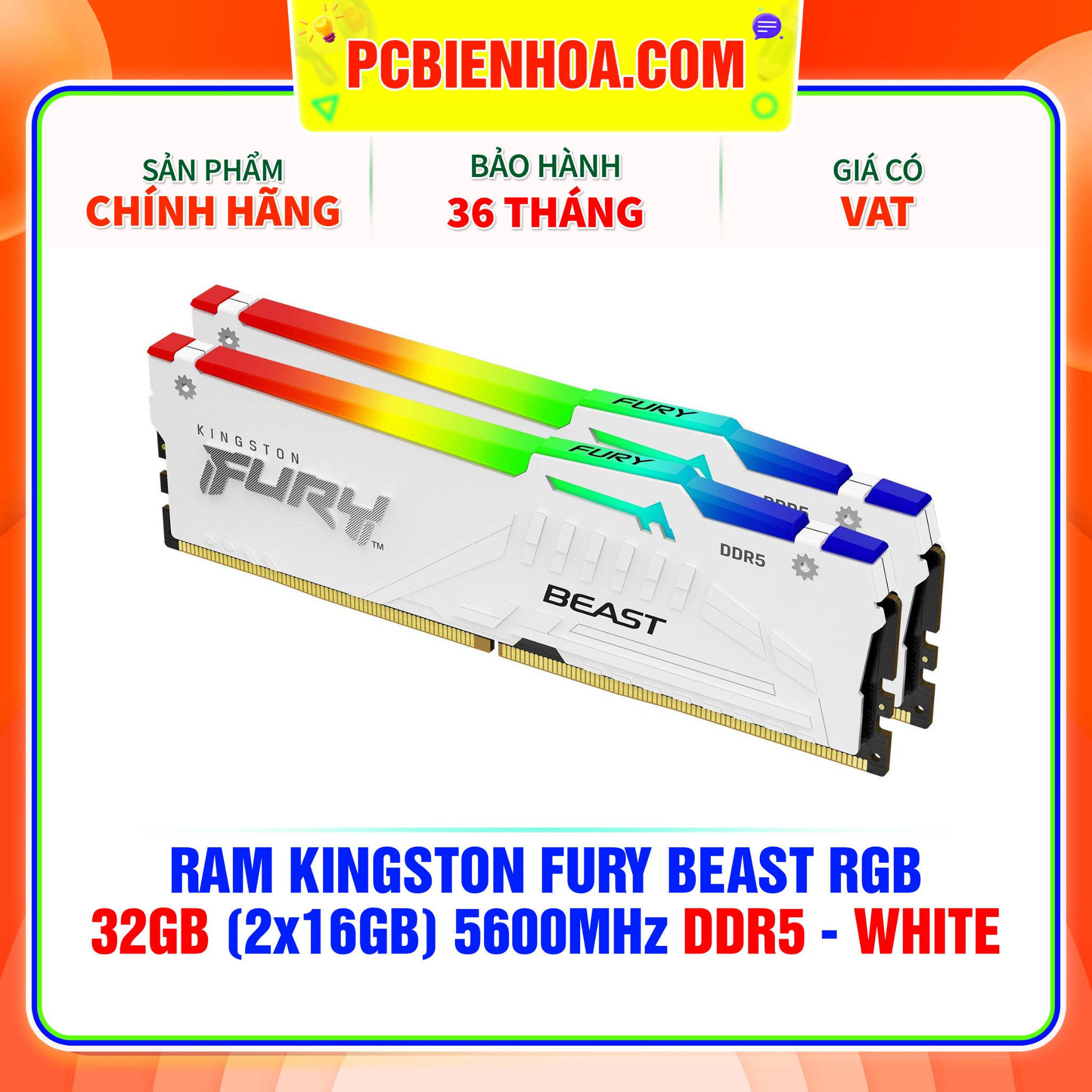 RAM KINGSTON FURY BEAST RGB 32GB 2x16GB 5600MHz DDR5 - WHITE