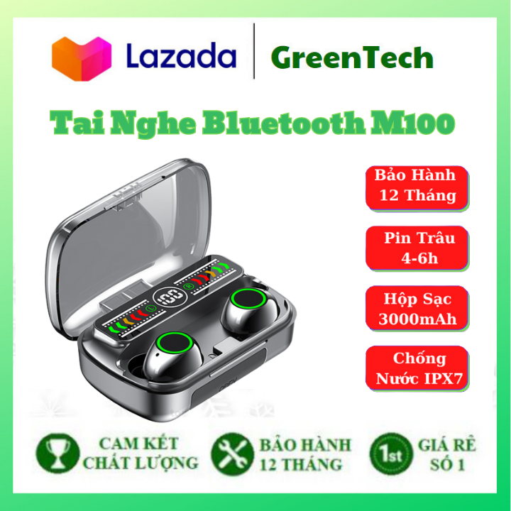 Tai Nghe Bluetooth Không Dây M100, Bluetooth 5.3, Pin Trâu, Bass Căng, Chống Nước IPX7, Bảo Hành 12 Tháng