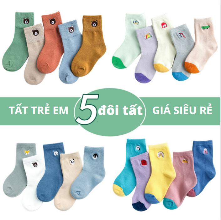 Tất cho bé - Combo 5 đôi vớ trẻ em cổ cao chất cotton hàng xuất khẩu size từ 1 đến 12 tuổi - Vớ trẻ em