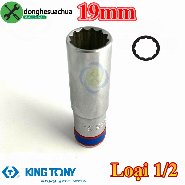 Tuýp 19mm 1/2 kingtony 423019m loại dài 77mm 12 cạnh màu trắng