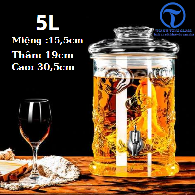Bình Thủy Tinh Trụ Rồng Ngâm Rươu 5 Lít (Có Vòi)