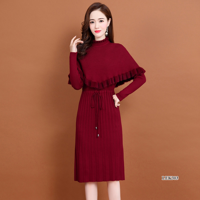 Bộ áo váy len sang trọng, set áo choàng váy len liền tôn dáng nhiều màu LEK303