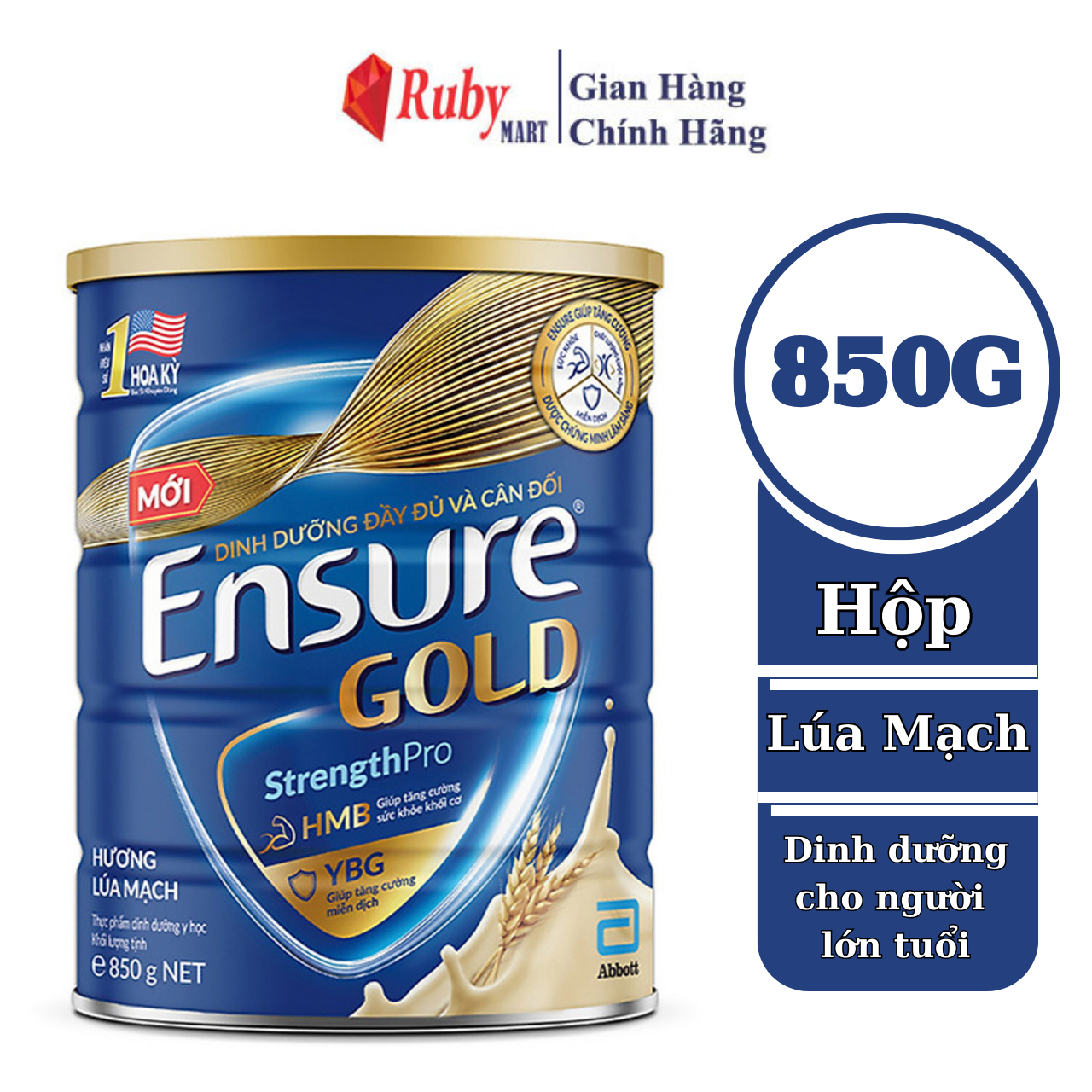[Date T5/25] Sữa bột Ensure Gold Abbott (HMB+YBG) hương Lúa mạch 850g