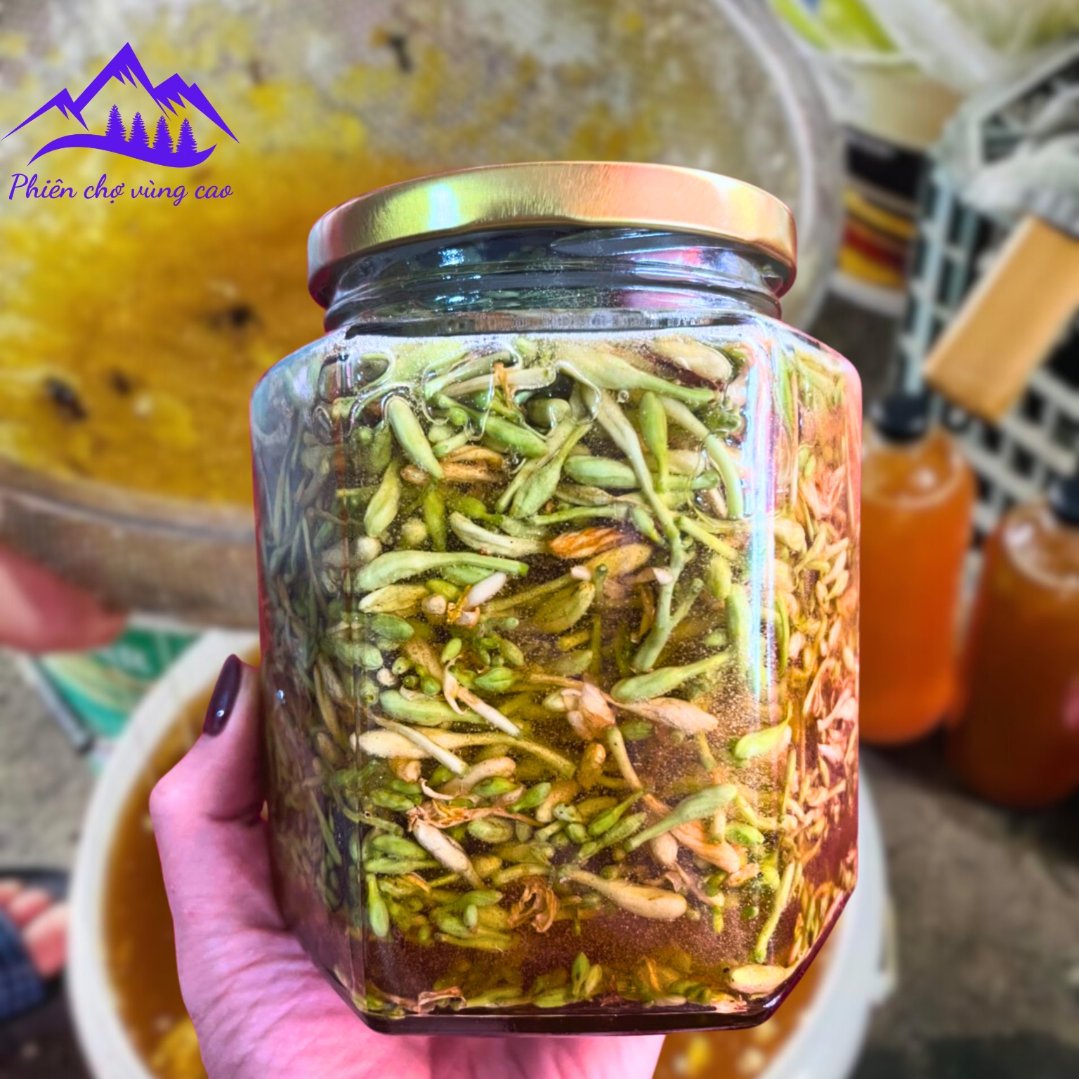 Hoa đu đủ đực tươi ngâm mật ong rừng nguyên chất - Hũ thủy tinh 750ml