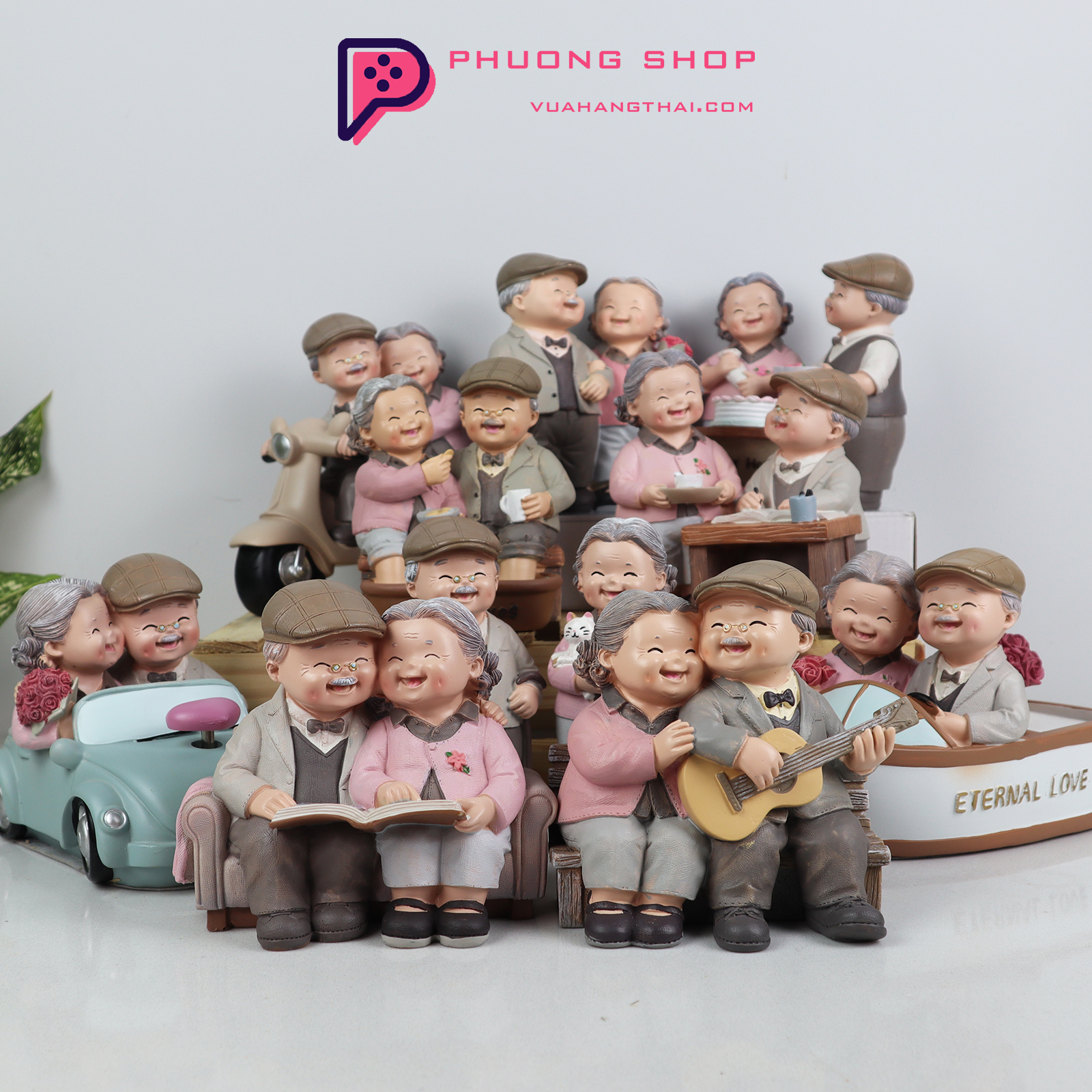 Bộ tượng ông bà anh đầy đủ mẫu - ông bà già hạnh phúc đi dạo, lái xe, cầm hoa, làm bánh - trang trí nhà, tặng quà