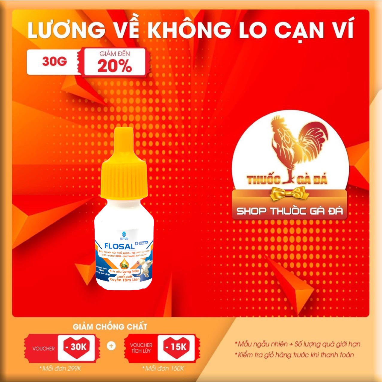 Thuốc gà đá. flosal d herbal cho gà đá, đặc trị các bệnh ho không rõ nguyên nhân, liều dùng 1ml/10kg hoặc 1ml/lít nước