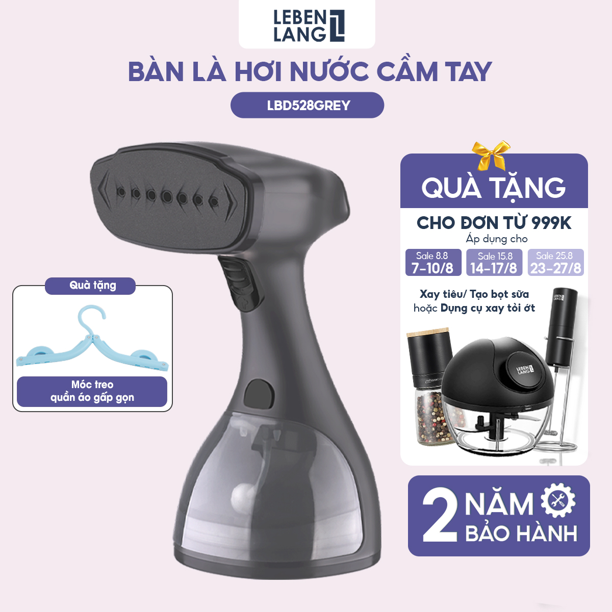 [Duy nhất 23.08 - Voucher 15% ĐƠN TỪ 149k MAX 250K] Bàn ủi hơi nước cầm tay LEBENLANG LBD528, công suất 1500W-300ml, kèm 2 đầu chải - hàng chính hãng