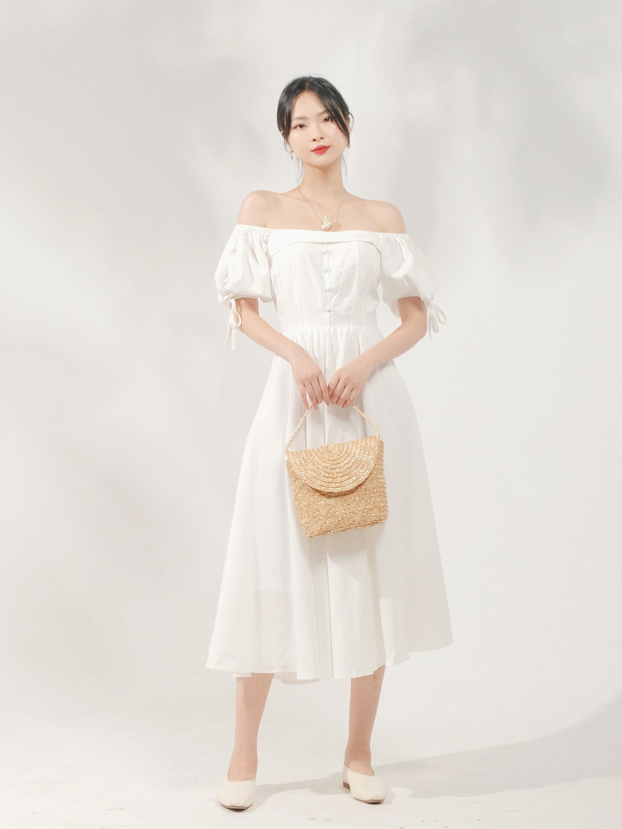 The19club - váy linen trễ vai nơ tay - maeve dress