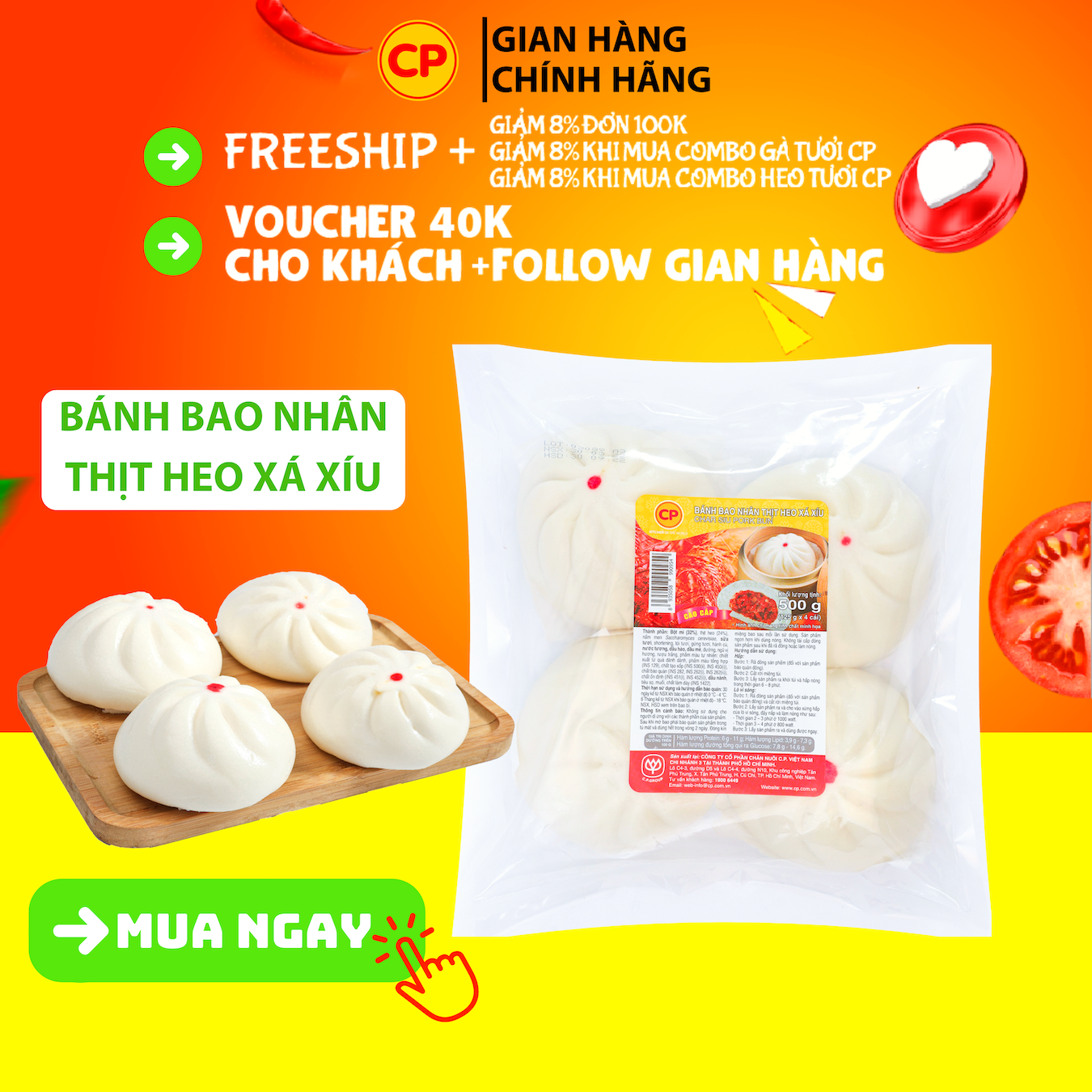 [2h] Bánh bao thịt heo xá xíu 500g - bánh bao ăn sáng tiện lợi