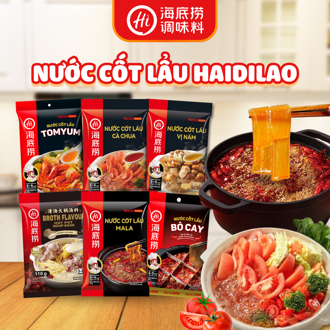 Gia Vị Nước Cốt Lẩu Haidilao – 6 Vị Hot: Cà Chua, Nấm, Trường Thọ, Tomyum, Bò Cay, Mala