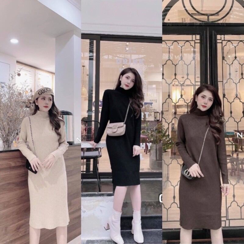 Váy len nữ dáng dài suông đầm len cổ lọ màu đen be nâu basic phom rộng hàng  Quảng Châu cao cấp Style Hàn Quốc  MixASale