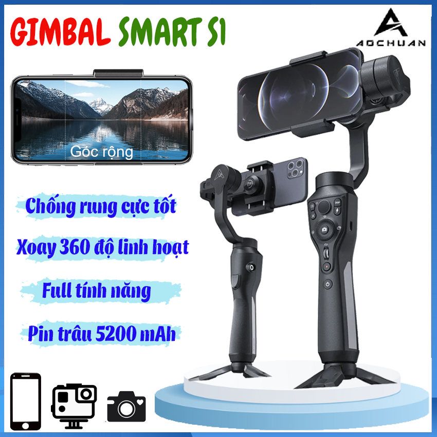 Gậy quay video chống rung Aochuan Smart S1, Gimball chống rung, Tay cầm quay phim cho điện thoại, go pro, Xoay 360 độ linh hoạt, tự dộng cân chỉnh, Pin trâu 18h