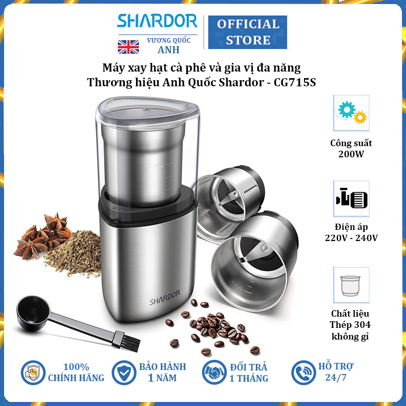 Máy xay hạt cà phê và gia vị đa năng thương hiệu shardor cg715s - công suất 200w - chất liệu: thép không gỉ 304 - hàng nhập khẩu