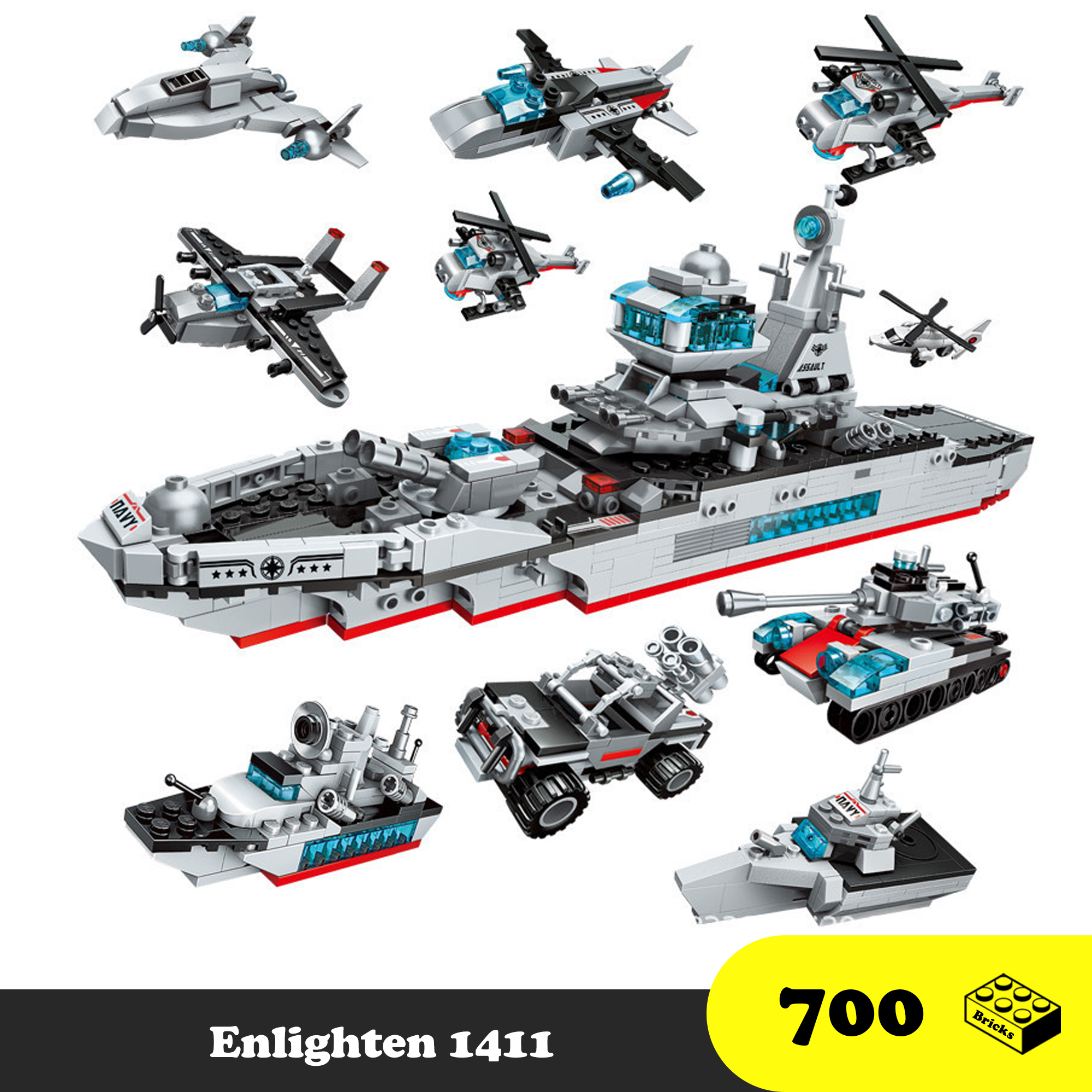 Đồ chơi Lắp Ráp Tàu chiến bộ 8 hộp, Enlighten 1411 Lego Tàu chiến biến đổi 16 dạng mô hình nhỏ, Xếp hình thông minh [700 mảnh]