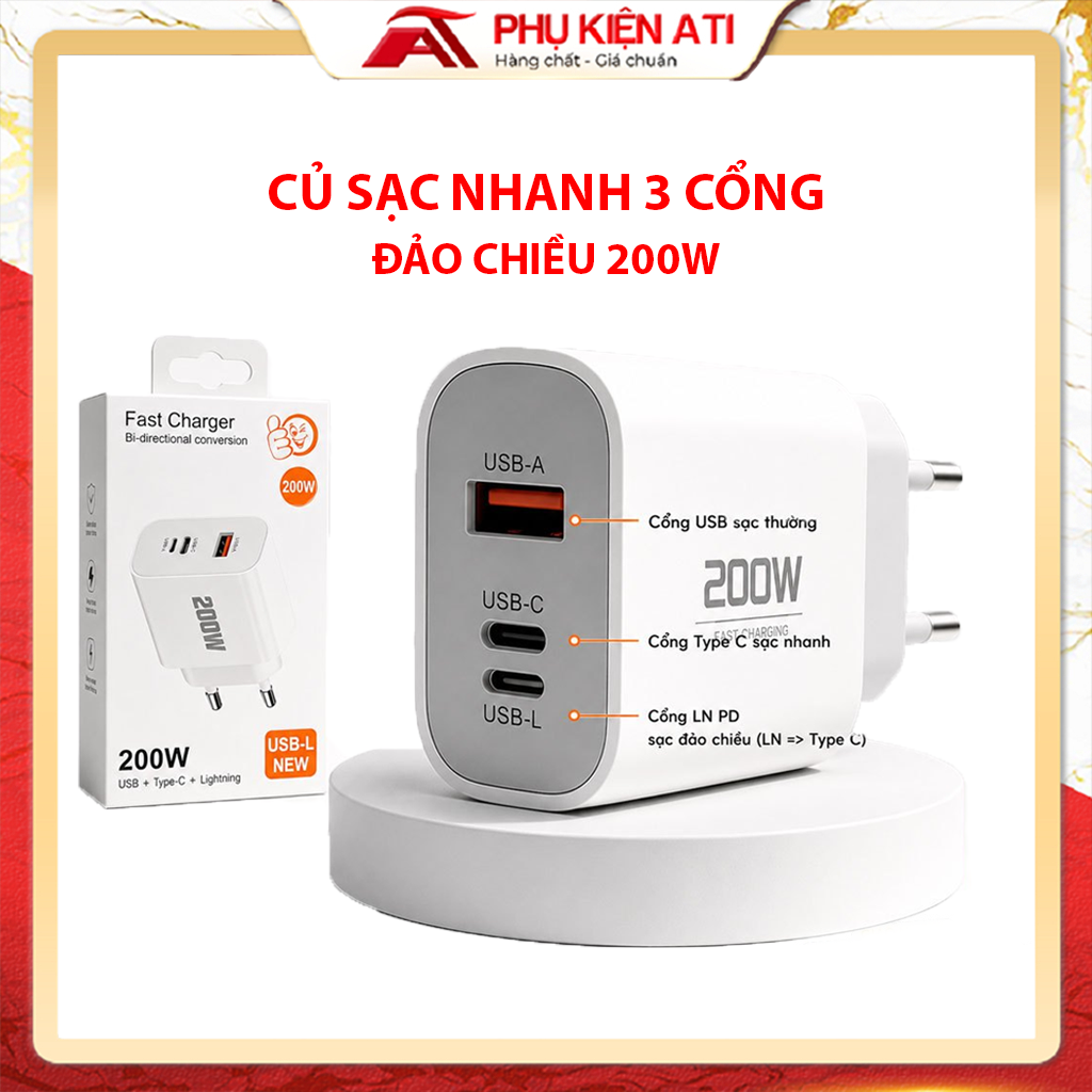 Củ Sạc Nhanh 200W 3 Cổng USB Type C Lightning Sạc Siêu Nhanh PD QC3.0 Cho iPhone Samsung Xiaomi iPad MacBook Đa Năng