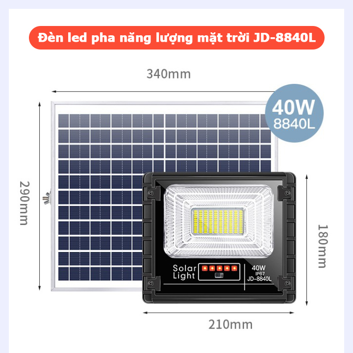 Đèn led pha nhôm năng lượng mặt trời JD-8840L 40W. Dễ dàng lắp đặt với mọi vị trí địa hình khu vực không có điện lưới. Tiêu chuẩn chống nước và chống bụi IP67 sử dụng tốt dưới mọi điều kiện thời tiết.