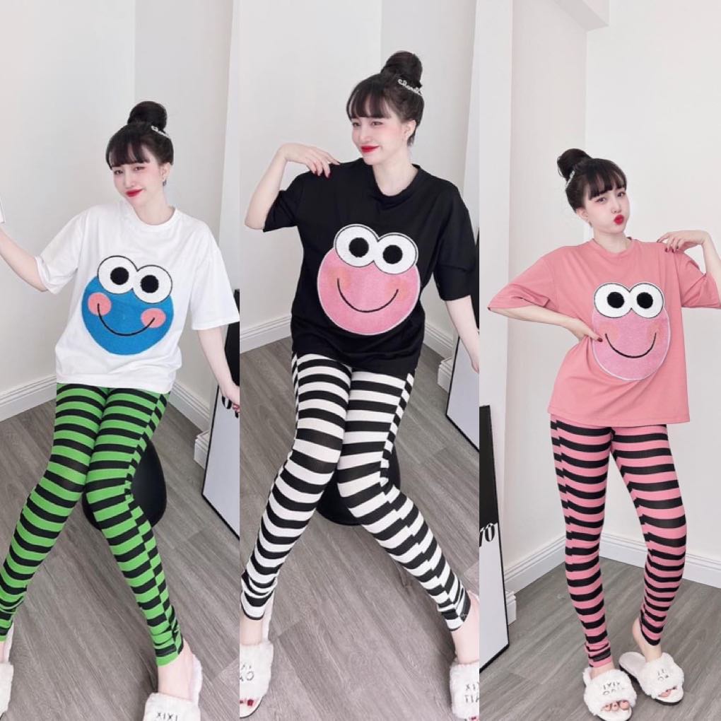 Set bộ quần thun gân phối áo thêu mặt cười siêu dễ thương