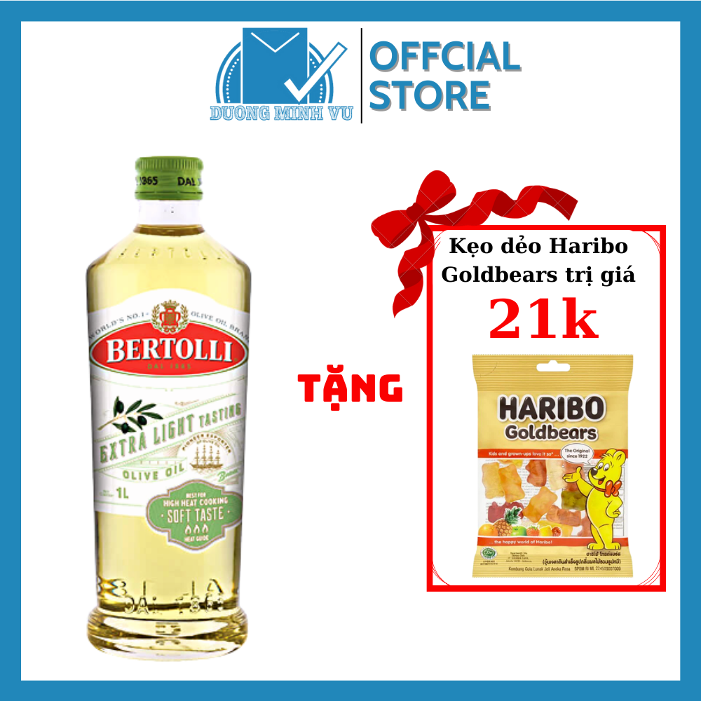 Dầu Oliu tinh luyện Bertolli Extra Light Olive Oil 1L Tặng 1 Bịch Kẹo Dẻo Haribo Goldbears