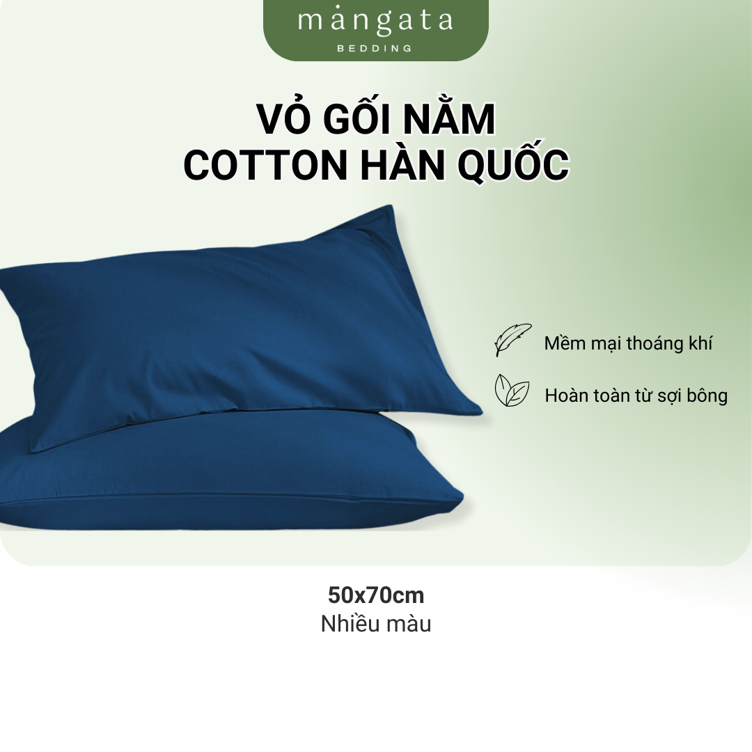 Vỏ gối nằm Cotton Hàn Quốc thô lụa cao cấp size 50x70cm Mangata Bedding màu trơn mềm mịn thoáng khí
