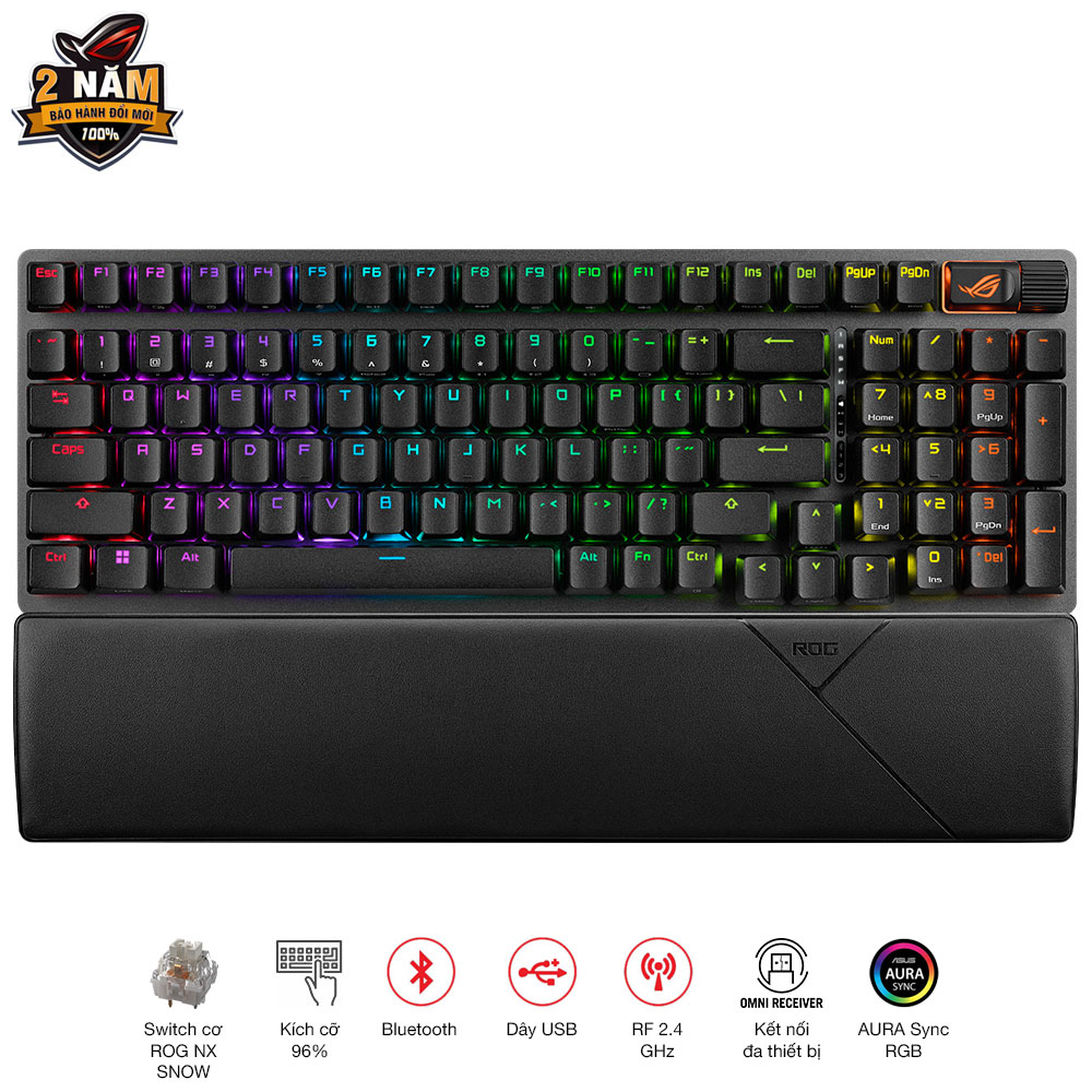 Bàn phím cơ gaming fps không dây rog strix scope ii 96 wl switch cơ rog nx snow, màu đen, kích thước layout 96%, thay nóng switch