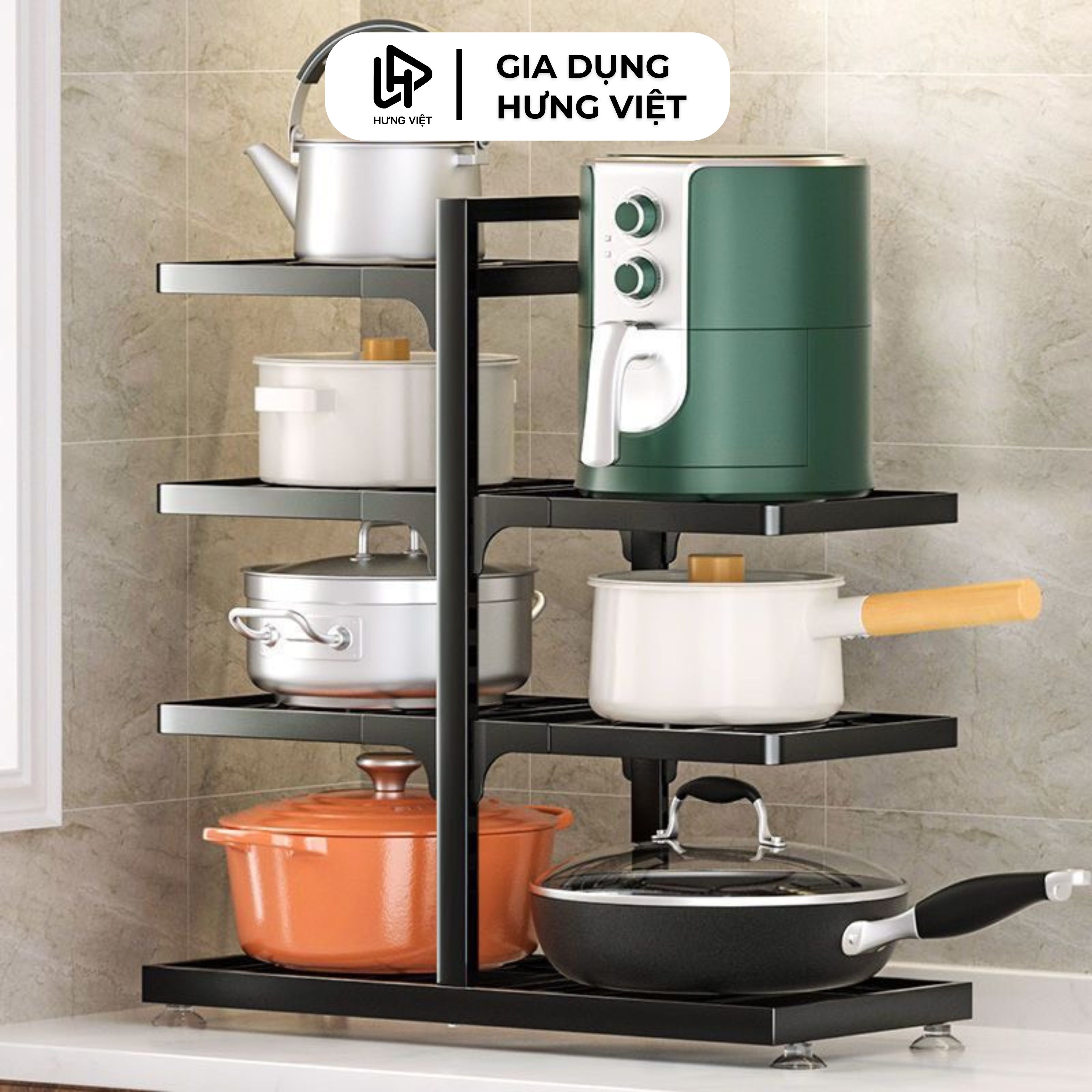 Kệ để xoong nồi chảo, kệ để nồi chiên không dầu, kệ để nồi chảo 2 bên gầm bếp có thể điều chỉnh khoảng cách các tầng