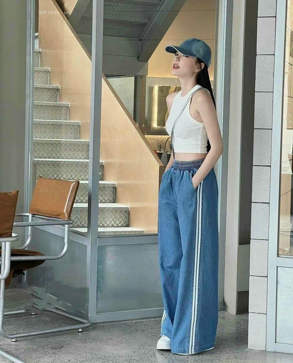 3 SIZE 45-60KG TÙY CHIỀU CAO] MÃ 121 QUẦN JEAN GIẤY PHỐI KẺ SỌC LƯNG THUN, QUẦN DÀI 100CM ỐN RỘNG 32CM HOT TREND NỮ