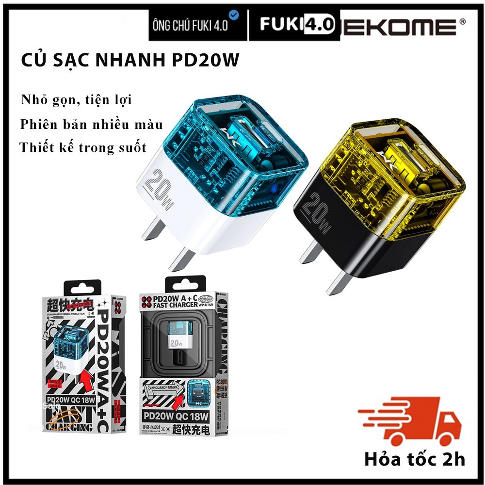 Củ sạc trong suốt, sạc nhanh 2 cổng usb và type c, sạc nhanh pd 20w max và qc 18w max, chính hãng wekome