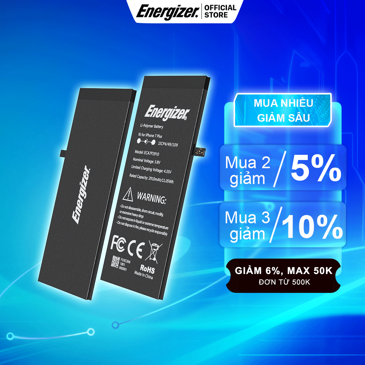 Pin Energizer 2750mAh cho iPhone 6s Plus-ECA6SP2750P - Hàng chính hãng, Bảo hành 12 tháng 1 đổi 1