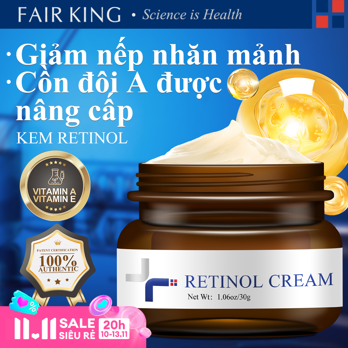 FAIR KING Retinol Kem Dưỡng Da Mặt Kem Dưỡng Chống Lão Hóa Chứa Retinol Tự Nhiên Chống Lão Hóa Giảm Nếp Nhăn Làm Mờ Vết Đốm Đen Làm Săn Chắc Và 30g