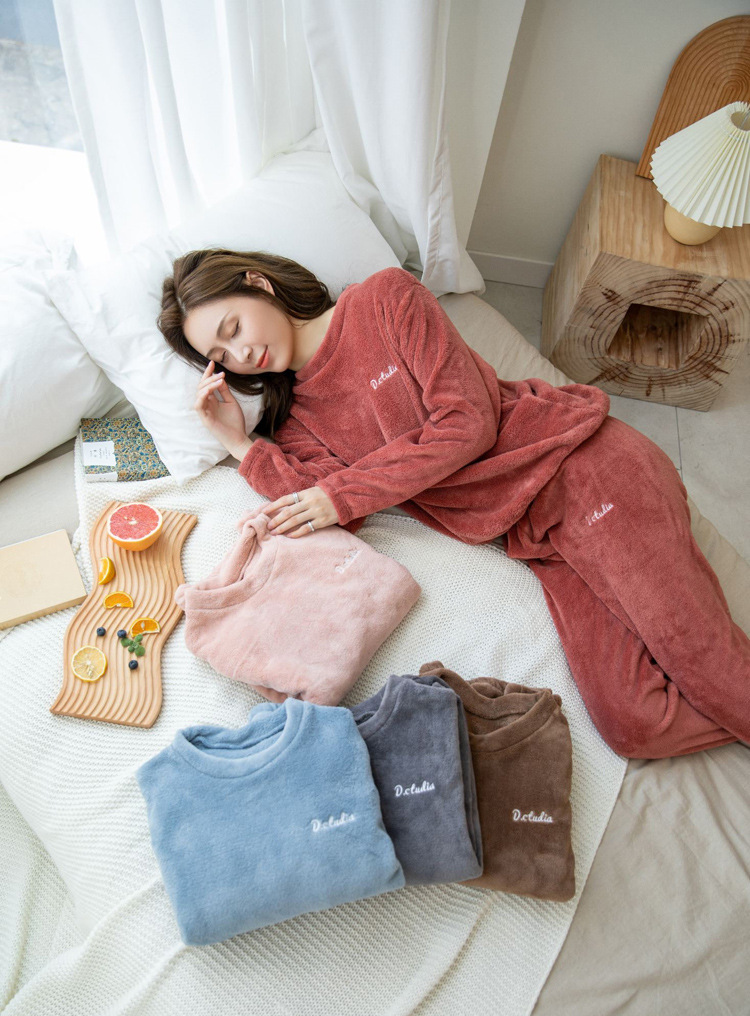 Set Bộ quần áo lông cừu mềm mịn siêu ấm áp mùa đông DRnShow, Đồ ngủ siêu ấm Freesize