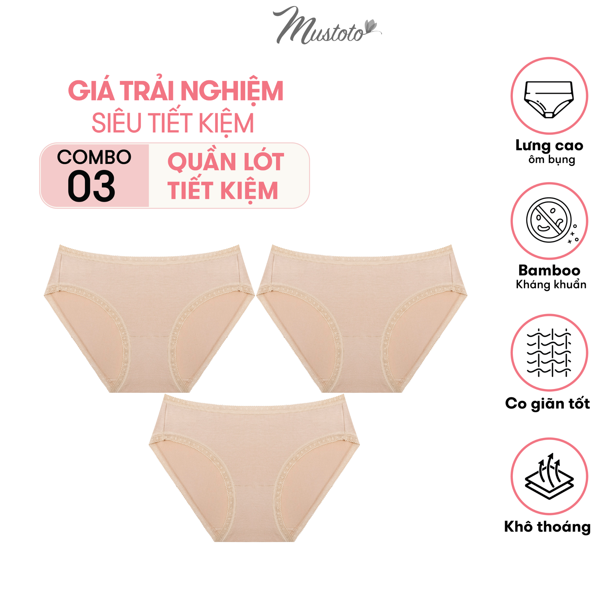 Combo 3 Quần Lót Nữ Mustoto Trơn Lưng Vừa Bamboo Kháng Khuẩn