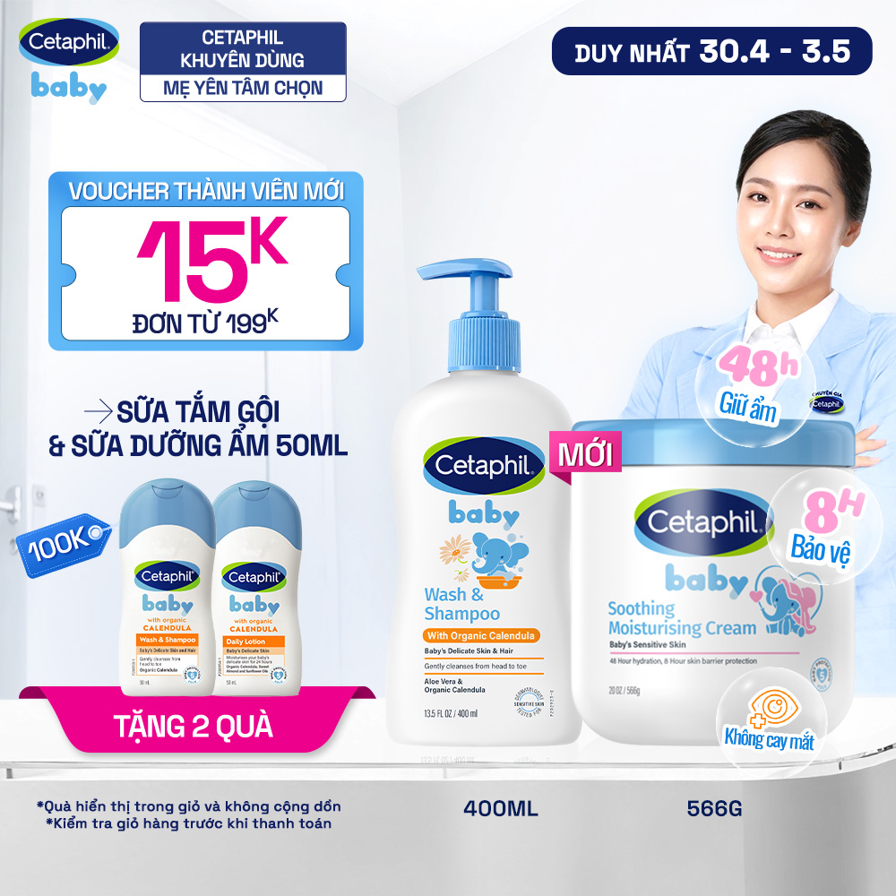 [Vc 12% + Gift 200K] Combo Soothing and Moisturizing Shower Gel for Babies with Organic Chrysanthemum Calendula Cetaphil Baby WShampoo Calendula 400ml  Soothing and Moisturizing Cream for Babies Cetaphil Baby Soothing  Moisturizing Cream Jar 566g