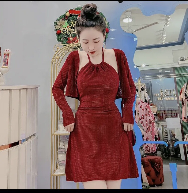 Đầm yếm nhung kèm áo croptop tay dài, đầm nhung noel tết S1112