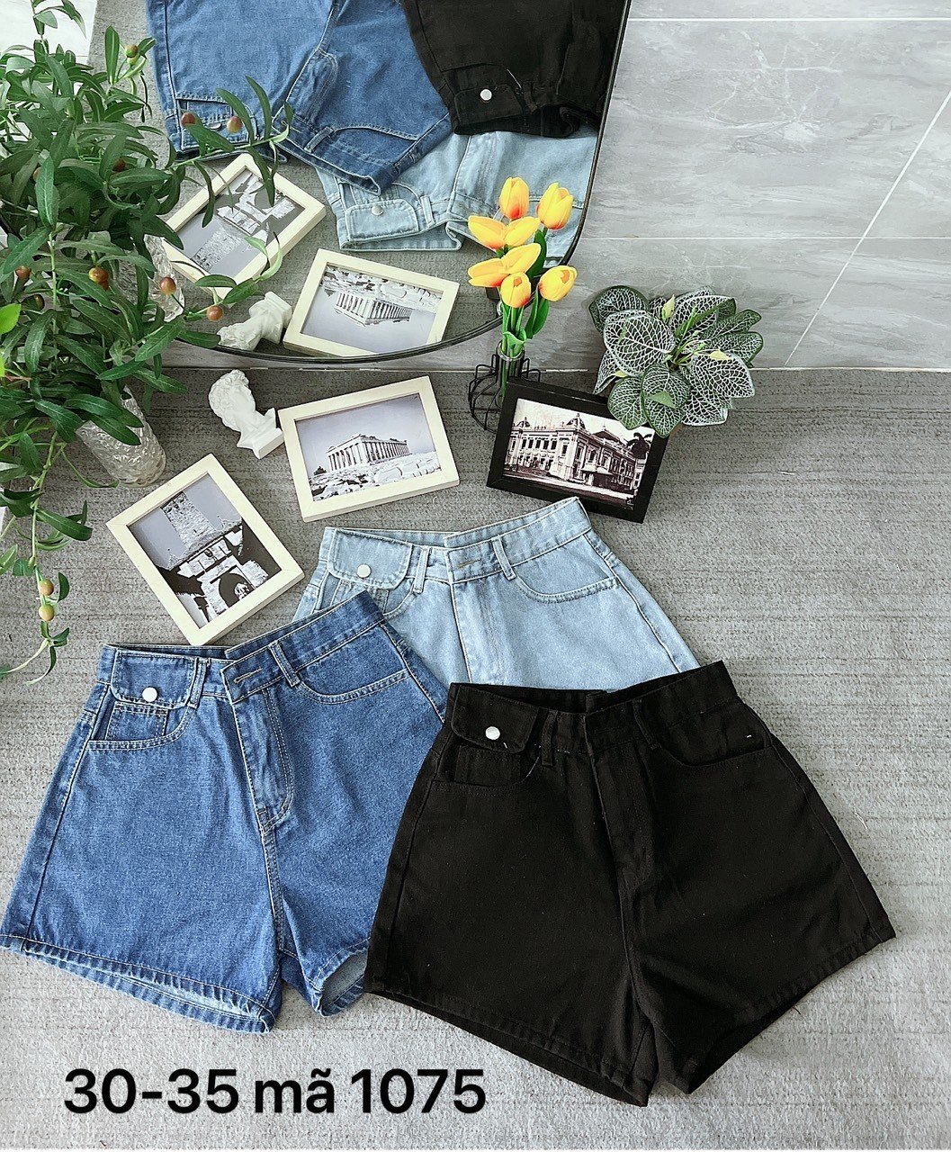 Quần short jean nữ bigsize lưng cao phối túi nắp kiểu xinh xắn ms1075