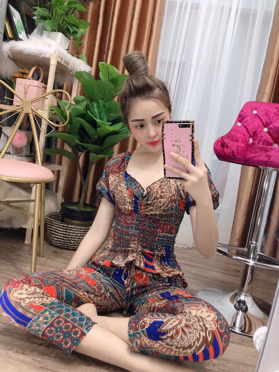 Set Bộ Thổ Cẩm 2 Dây Quần Ống Rộng Tôn Dáng, Thiết Kế Thời Trang ( Vàng )