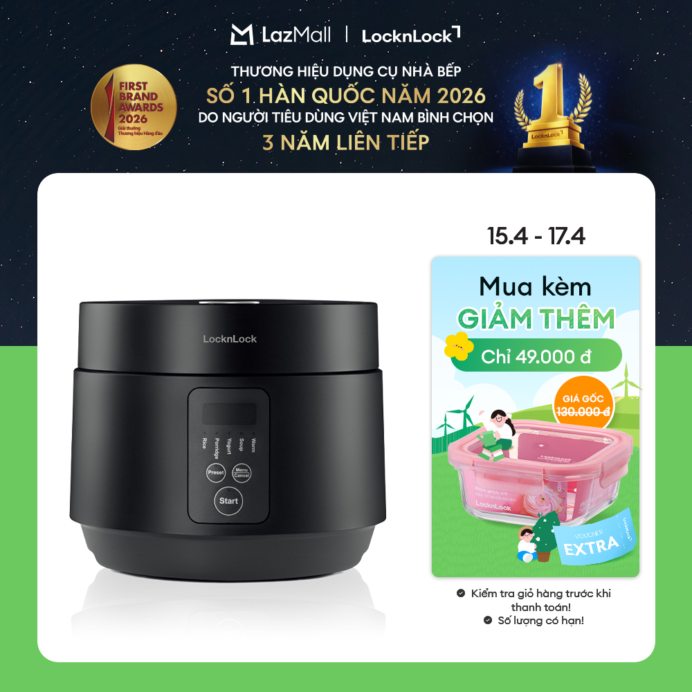 EJR346BLK - Nồi cơm điện đa năng LockLock 1.2L - 5 chế độ nấu, Hẹn giờ và giữ ấm đến 24h, Có làm sữa chua - Hàng chính hãng