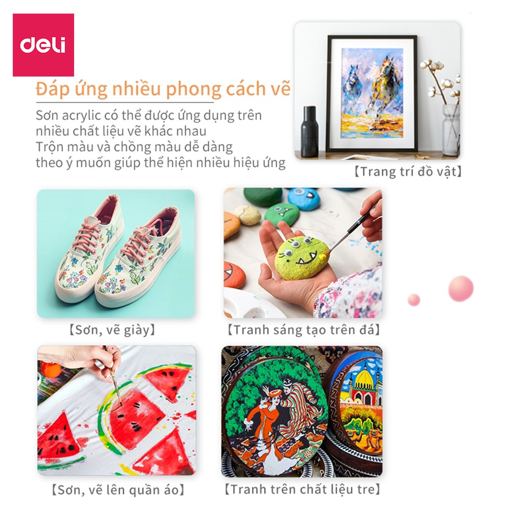 Màu acrylic chuyên nghiệp deli - 12ml/tuýp - vẽ vải / vẽ quần áo / vẽ giày - 12/18/24 màu
