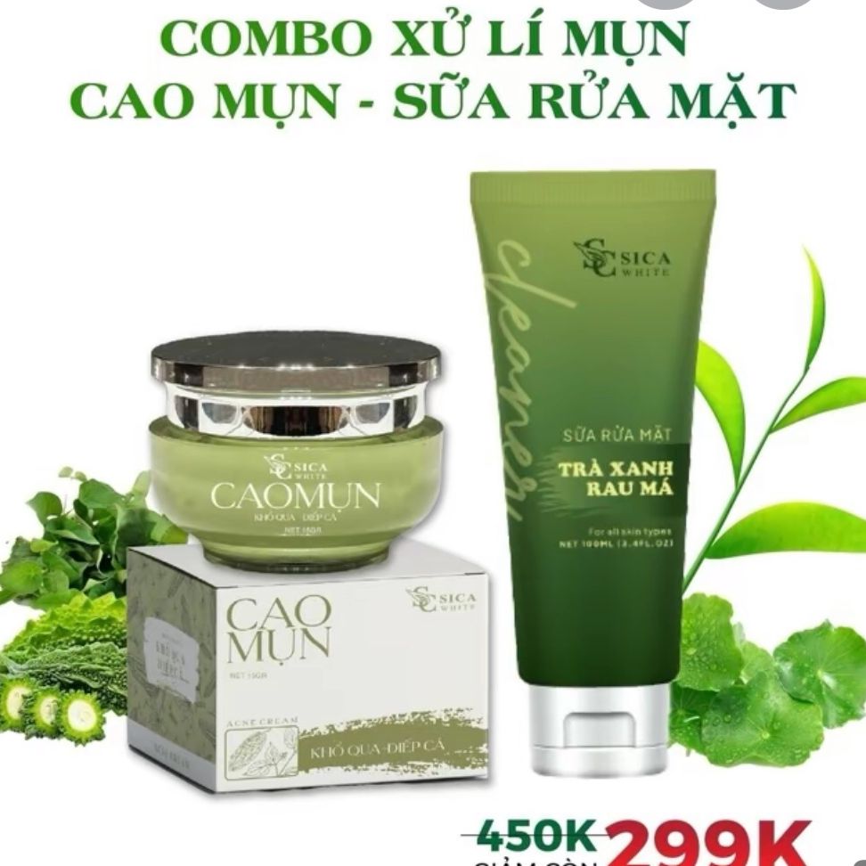Combo cao mụn khổ qua diếp cá sica + sữa rửa mặt trà xanh rau má sica white