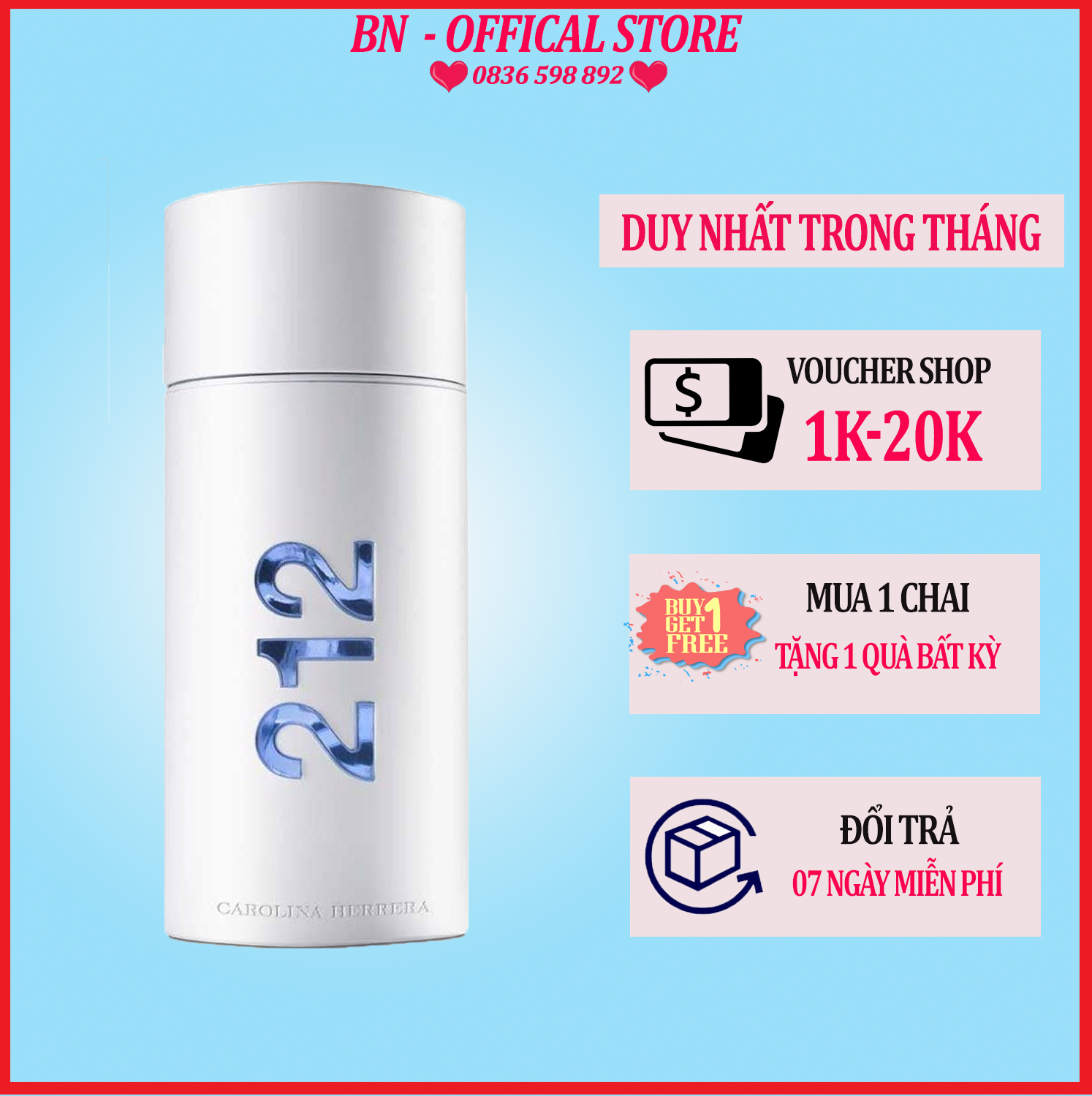 Nước hoa nam cao cấp 212 Men Aqua trắng 100ml hương thơm luôi cuốn