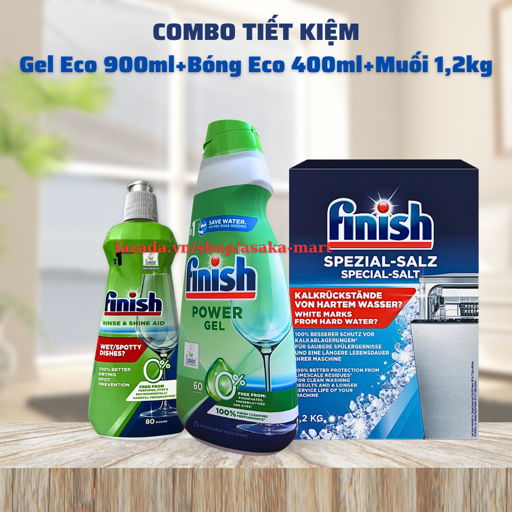Combo rửa bát finish: gel hữu cơ all in 1 max eco 0% 900ml+bóng 400ml+muối 1,5kg.