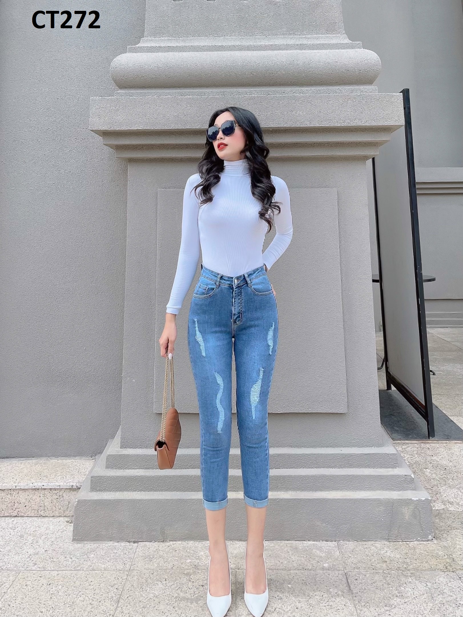 Quần jean nữ 9 tấc rách gối lai xắn