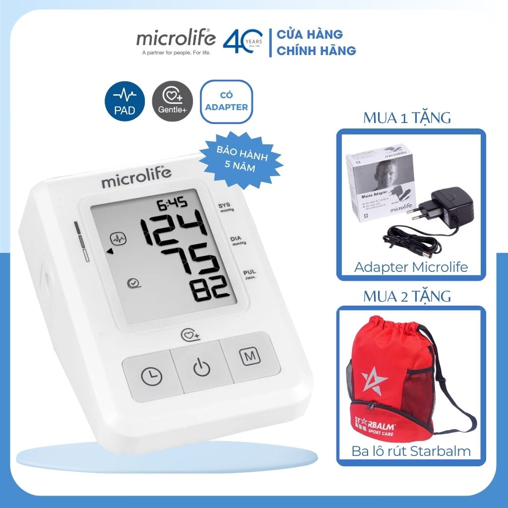 Máy đo huyết áp điện tử bắp tay microlife b2 basic, đo huyết áp, nhịp tim, dễ sử dụng tại nhà, bảo hành 5 năm