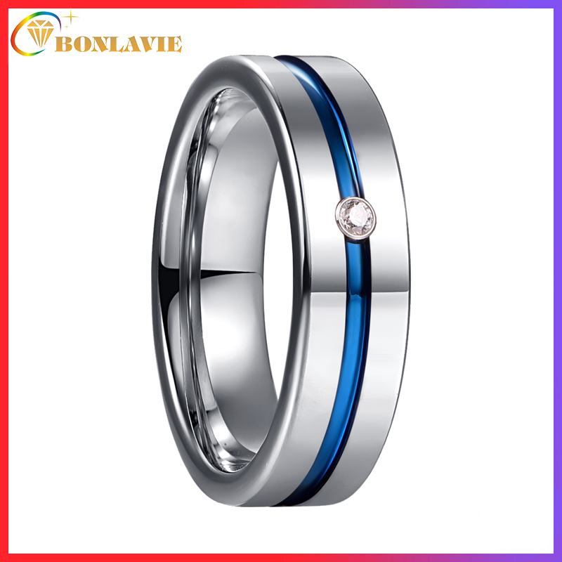BONLAVIE 6mm Tungsten Carbide Ring Blue Color Grooved Inlaid With Zircon High Polished Waterproof Anti Scratch Unisex Engagement Wedding Ring Comfort Fit Size 6-12