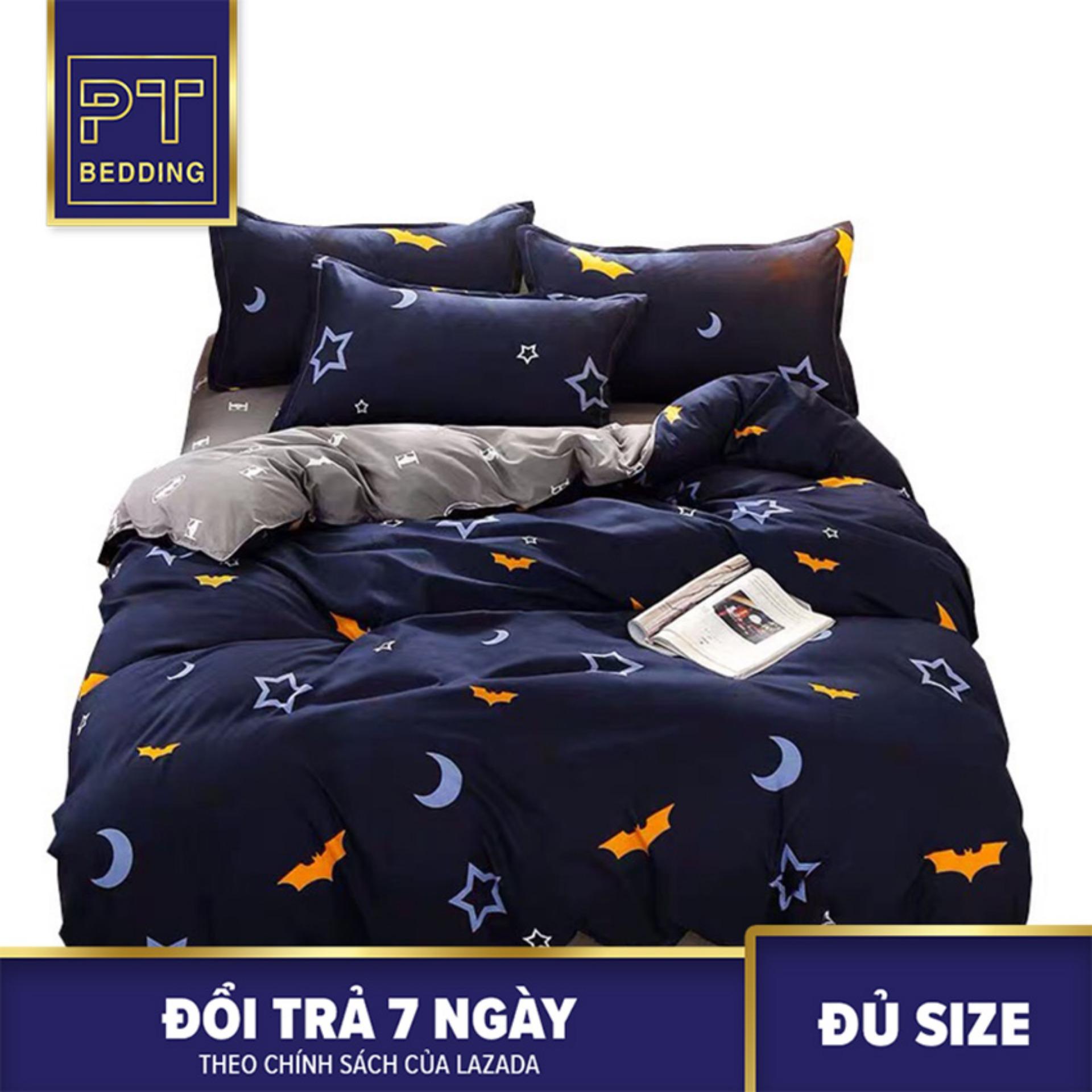 Bộ Chăn Ga Gối ( 01 Drap + 1 vỏ mền + 2 áo gối ) Xanh Than Họa Tiết Trăng Sao