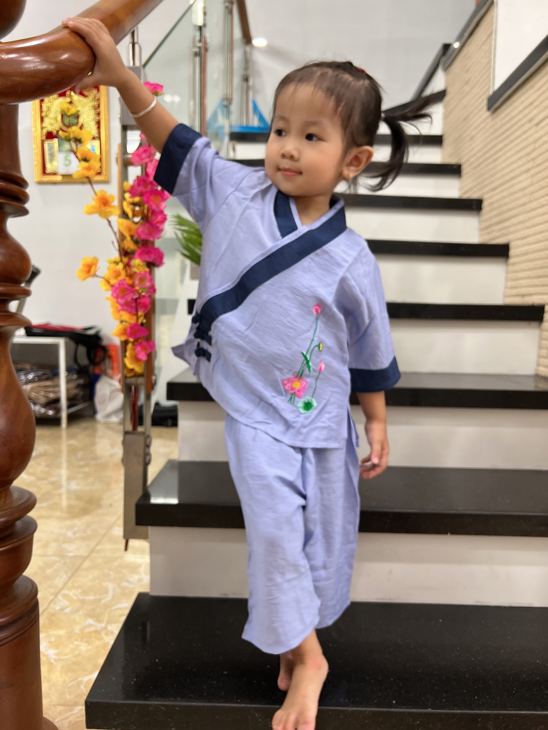 Đồ bộ bé gái, áo lam đi chùa bé gái