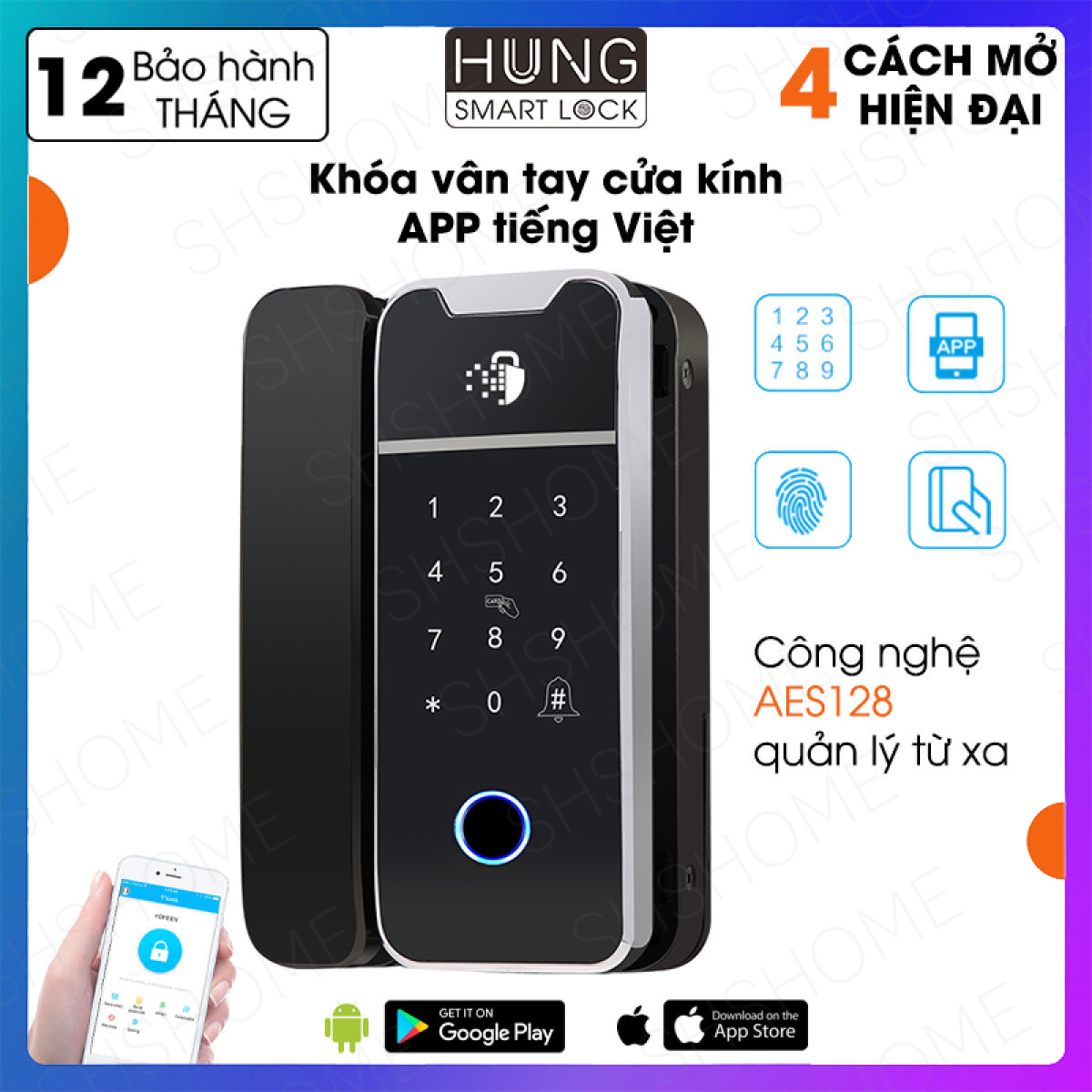 Khóa vân tay cửa kính cường lực, Khóa cửa thông minh, Khóa cửa kính cường lực, Ổ khóa chấm công, 4 chức năng mở: Vân tay, APP, Mã số, Thẻ từ, Chất liệu Acrylic cao cấp, phù hợp cửa kính, Bảo hành 12 tháng