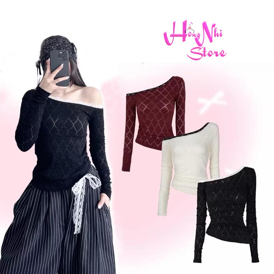  Áo Thun Lệch Vai Tay Dài Dáng Ôm Trễ Vai Chất Ren Xốp Mềm Mịn Siêu Co Giãn - MM Hồng Nhi Store 