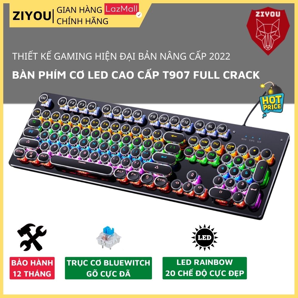 Bàn Phím Cơ Gaming T907 Cao Cấp 2023, Phím Mạ Viền Crom Cực Đẹp Sang Trọng, LED RGB 20 Chế ĐỘ Nháy Khác Nhau, Trang Bị Trục Cơ Học Blue Switch Gõ Phím Siêu Đã Mượt Mà, Chơi Mọi Thể Loại Game MOBA Trên Máy Tính, Laptop, PC - ZIYOU