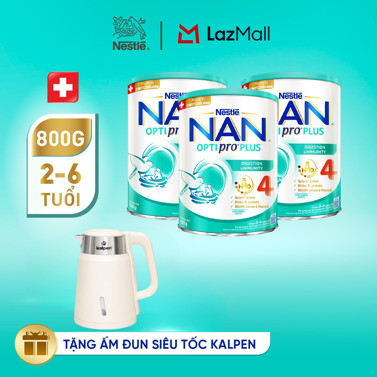 [Tặng ấm đun siêu tốc kalpen] Combo 3 lon Sữa bột Nestlé NAN OPTIPRO PLUS 4 800g/lon với 5HMO Giúp tiêu hóa tốt + Tăng cường đề kháng